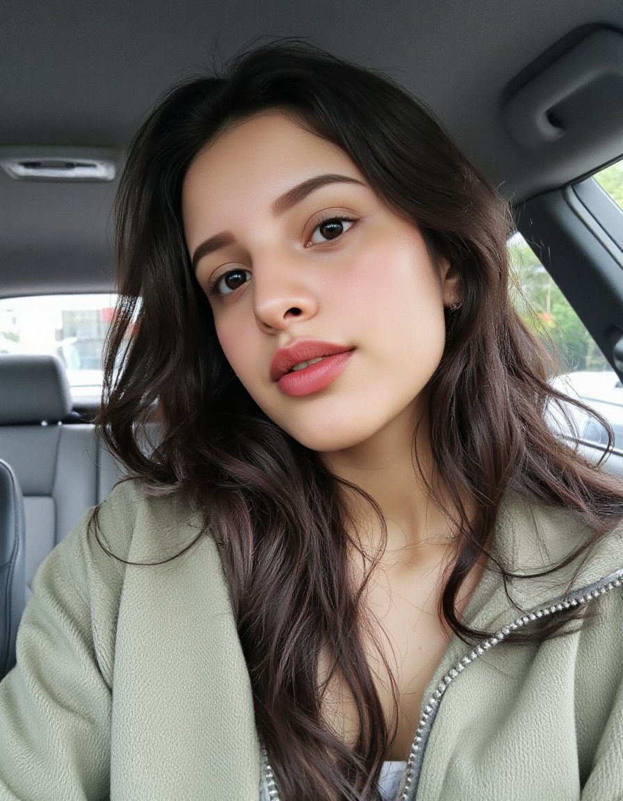 beautiful cute young attractive indian teenage girl, 18 years old, cute, medium black_hair, colorful hair, warm, dreass, in a car 