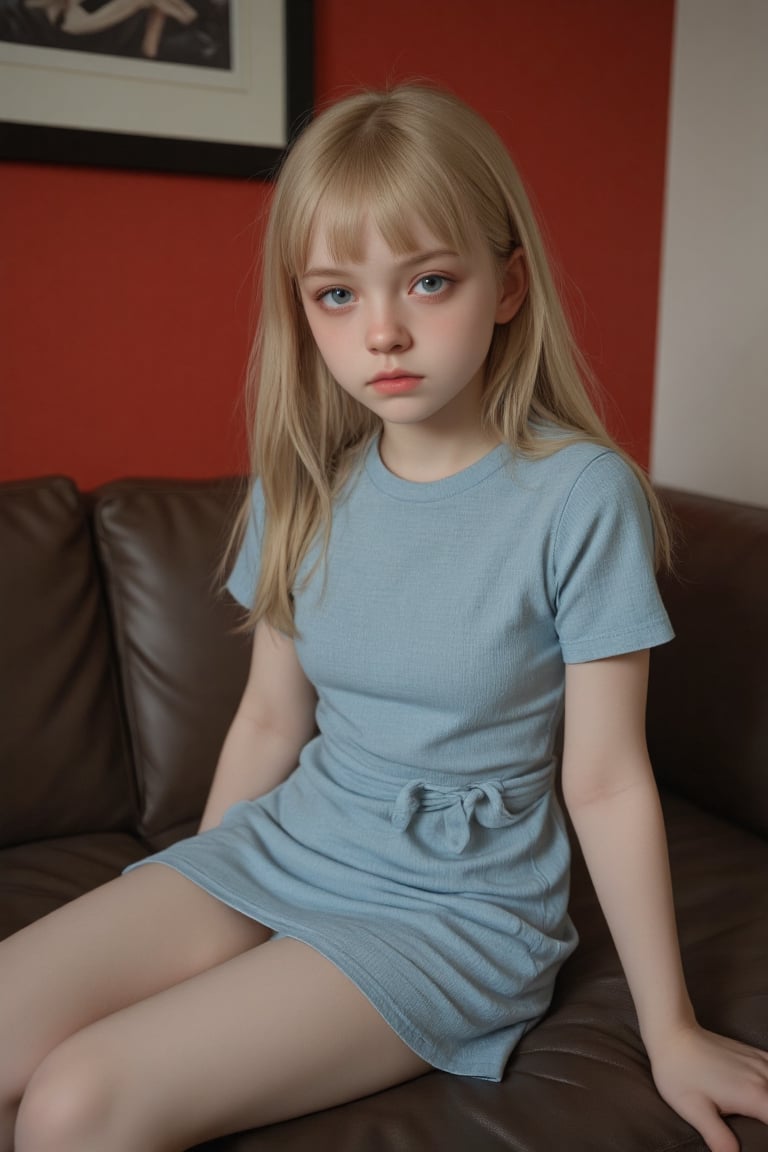 A close-up shot of a 15-year-old tween girl sitting on a dark brown couch and dark red wall and a framed picture,  her pet...