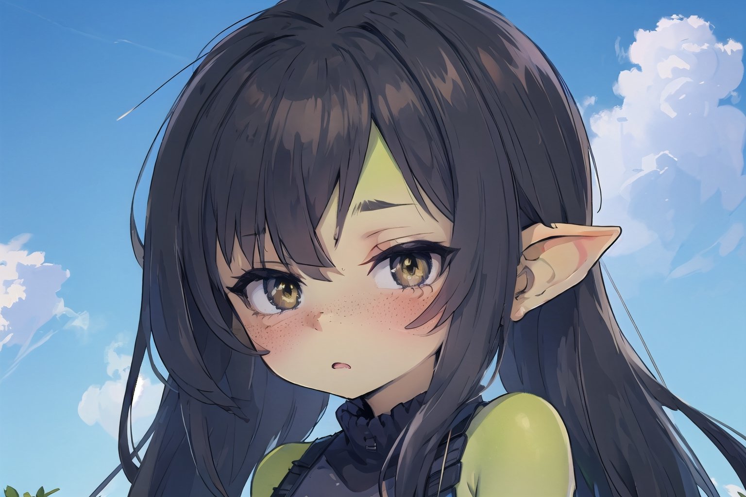 female goblin, (dark hair, black_hair, hime cut, long_hair), yellow eyes, freckles, (colored skin, green_skin), green skin color, 
 gobgirlz, blushing, cloud background, dazed ,wagashi