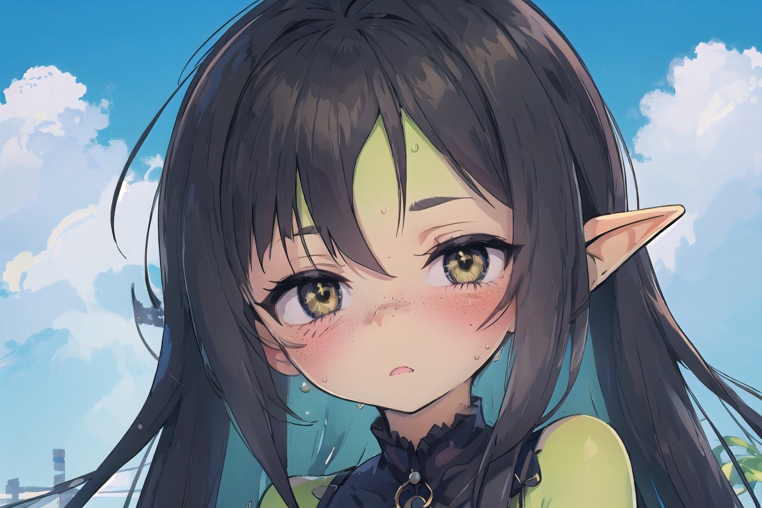 female goblin, (dark hair, black_hair, hime cut, long_hair), yellow eyes, freckles, (colored skin, green_skin), green skin color, 
 gobgirlz, blushing, cloud background, dazed ,wagashi