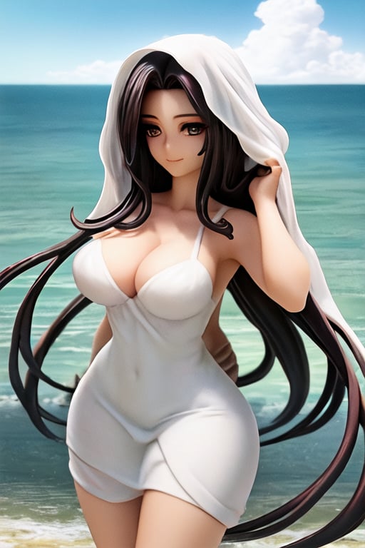 Imagine a stunning Latina woman with long, flowing dark hair cascading down her shoulders. Her face is adorned with delicate features, including mesmerizing almond-shaped eyes that sparkle with warmth and intelligence. She has a perfectly sculpted figure, with graceful curves that accentuate her natural beauty. Picture her standing on a pristine sandy beach, wearing a flowing white sundress that billows in the gentle ocean breeze. The sunlight dances on her skin, illuminating her radiant smile as she gazes out at the horizon