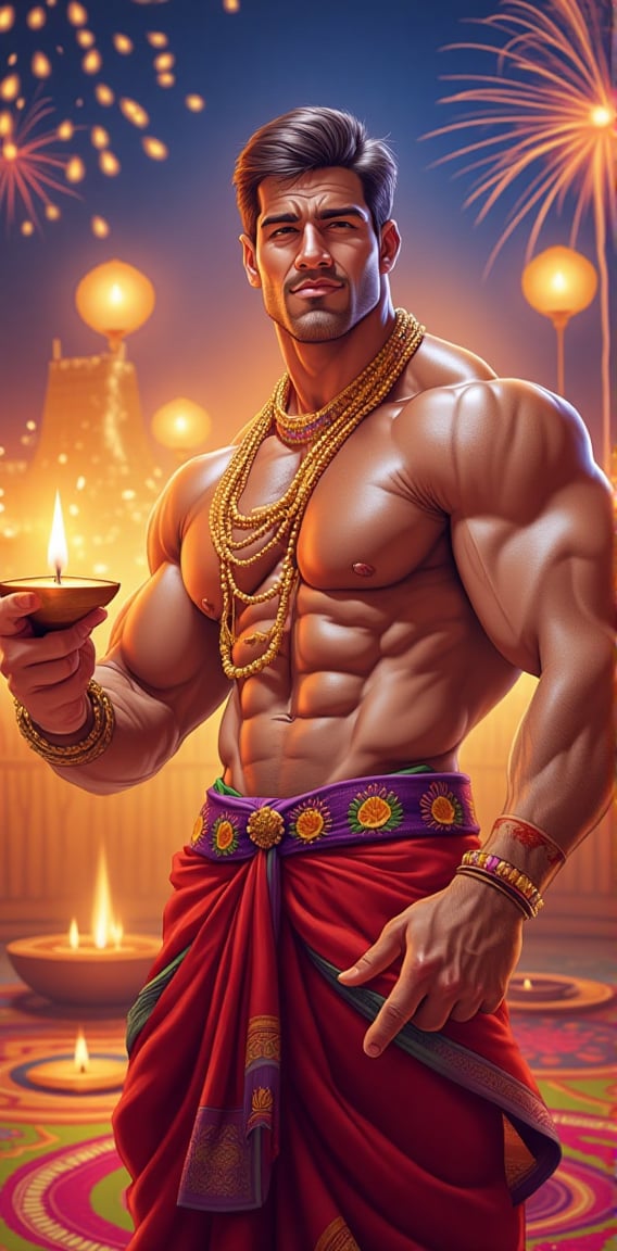 A handsome,  muscular man dressed in traditional Indian attire,  standing in front of a brightly decorated Diwali altar by...