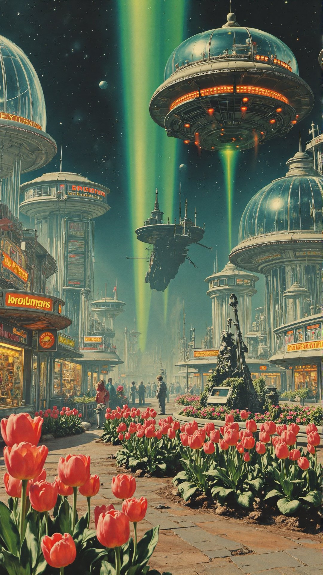 A sci-fi-inspired illustration of a massive tulip greenhouse floating in space. The glass dome reflects distant stars,  wh...