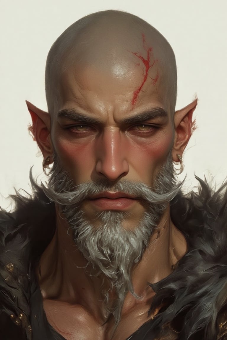 A highly detailed fantasy character portrait of an elderly male elf with a fierce and intense expression. The elf has a ba...