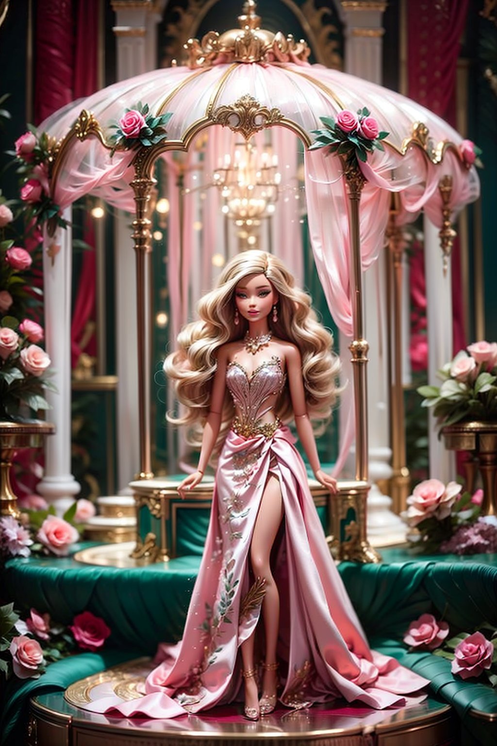 Barbie doll standing proudly in front of a pastel pink house with a beautiful rose garden. The interior is filled with Barbie-themed furniture, including a cozy living room with a pink sofa and a spacious bedroom with a large white canopy bed. Every corner is decorated to fulfill a childhood dream
Barbie doll, fantasy detailers, dynamic poses, movement poses, intricate details, 