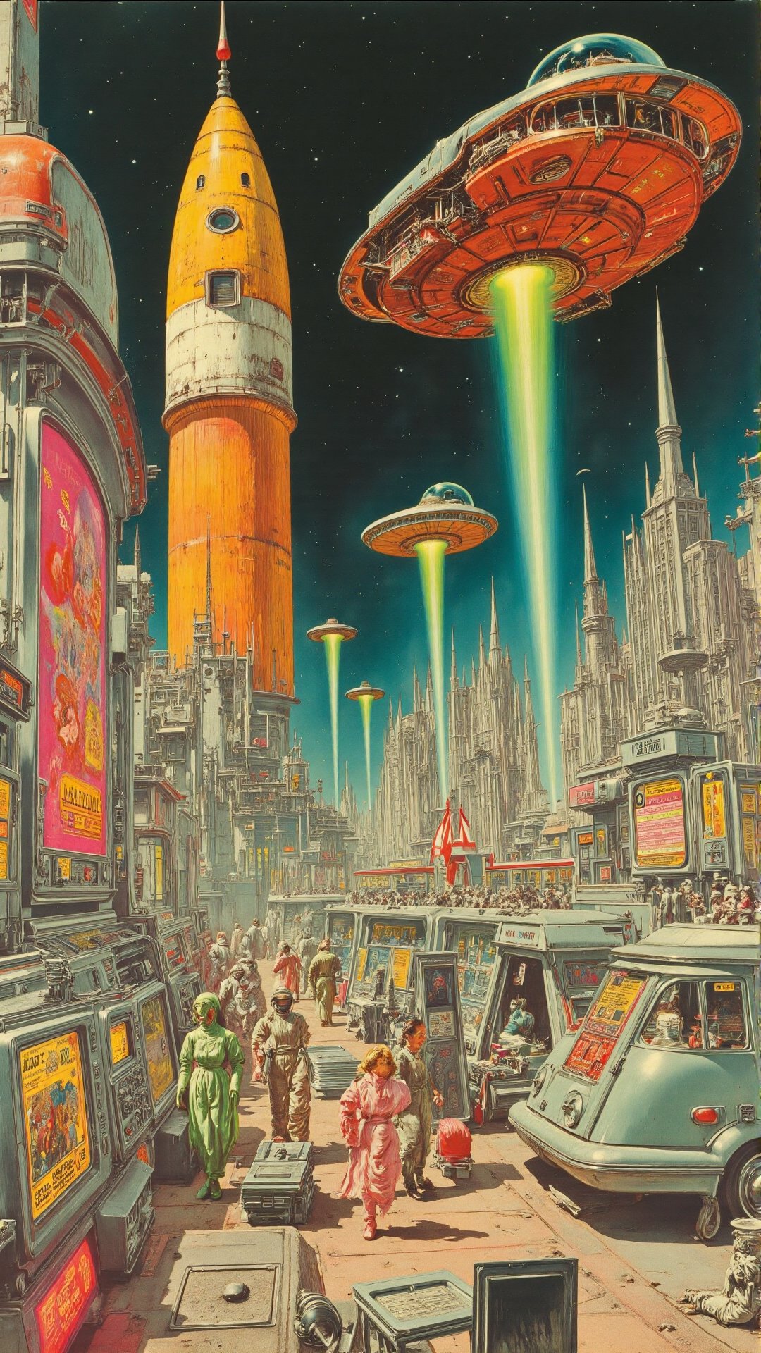 A highly detailed retro-futuristic illustration depicting a miniature space colony built upon a sleek,  mid-century modern...