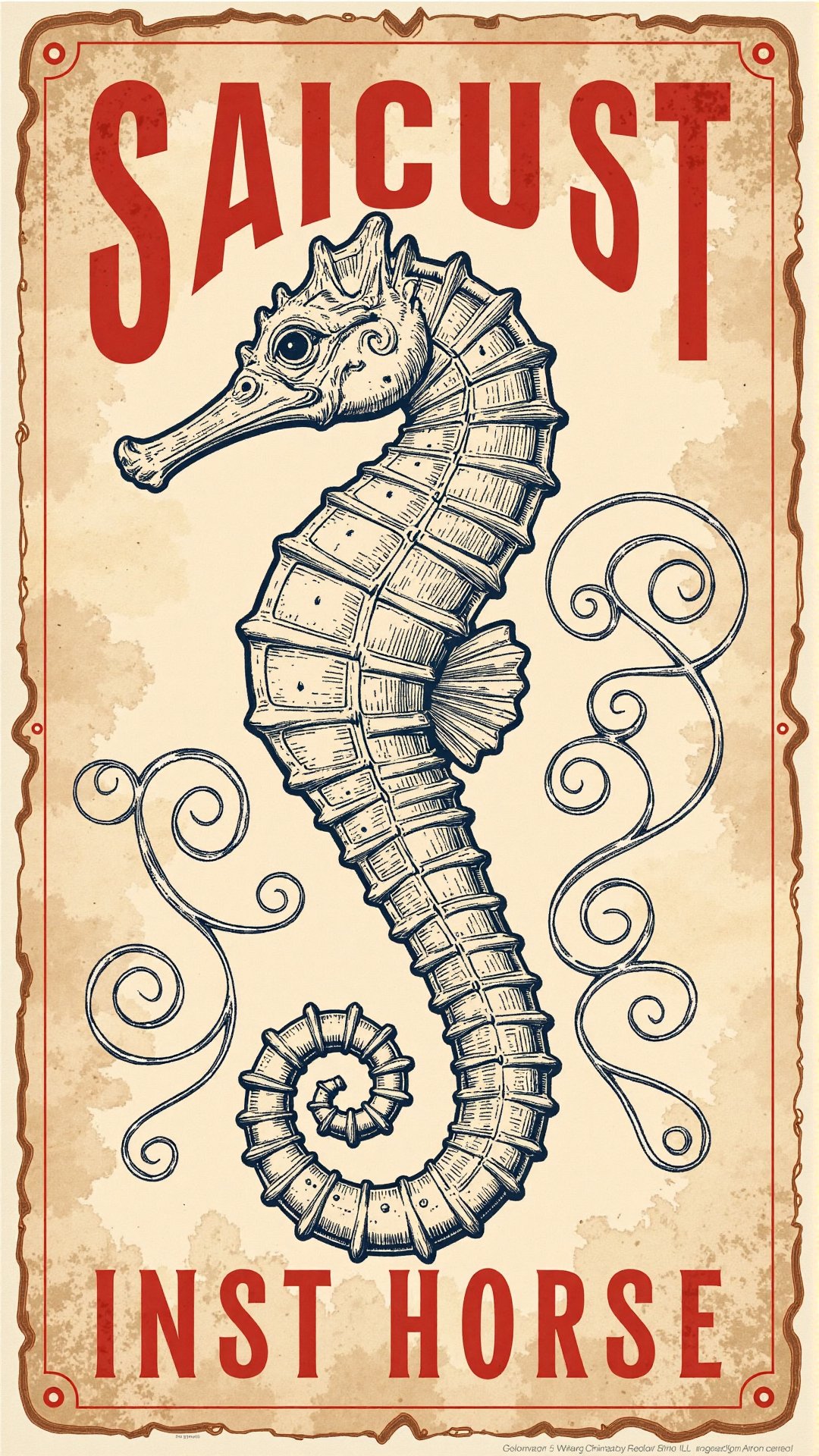A nostalgic,  American vintage-style poster featuring an elegant seahorse as the main design element. The composition incl...