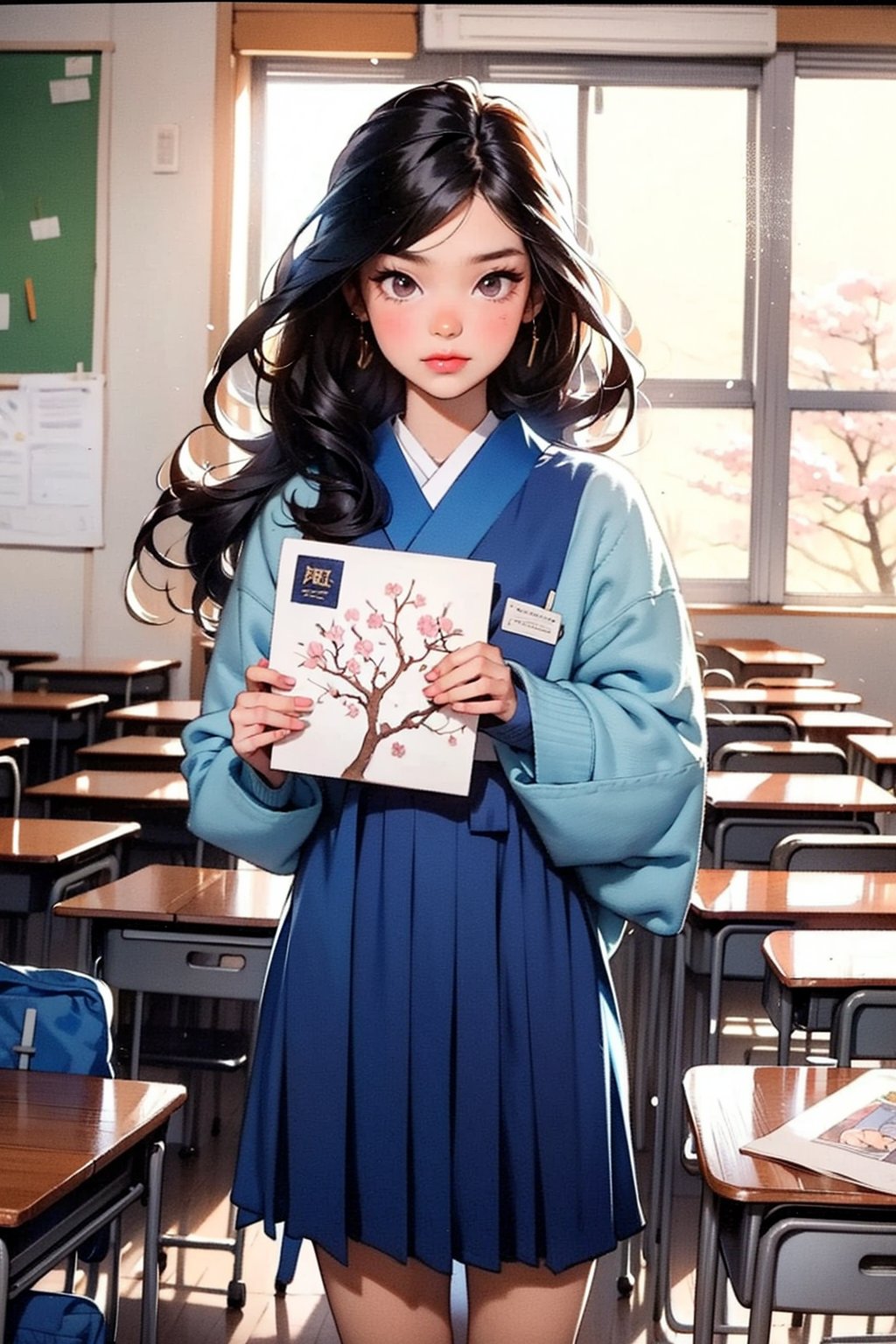 A shy Japanese schoolgirl standing nervously in front of a new classroom, holding a sketchbook with a beautiful drawing of cherry blossoms, while classmates look at her with admiration and curiosity, capturing the moment she finds her confidence in her new school.,Barbie doll,Manhwa beautiful,Flat color cartoon 