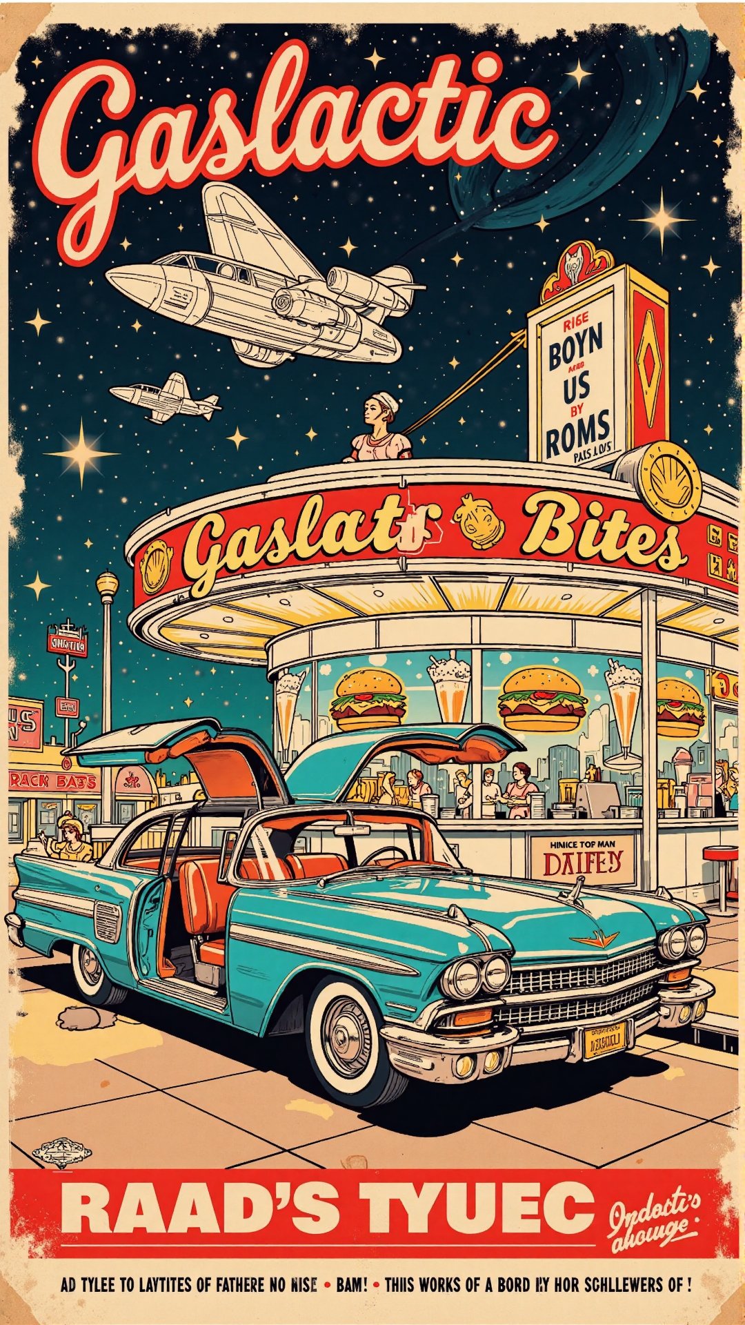 A beautifully designed American vintage-style poster advertising a retro-futuristic diner,  floating in space among the st...