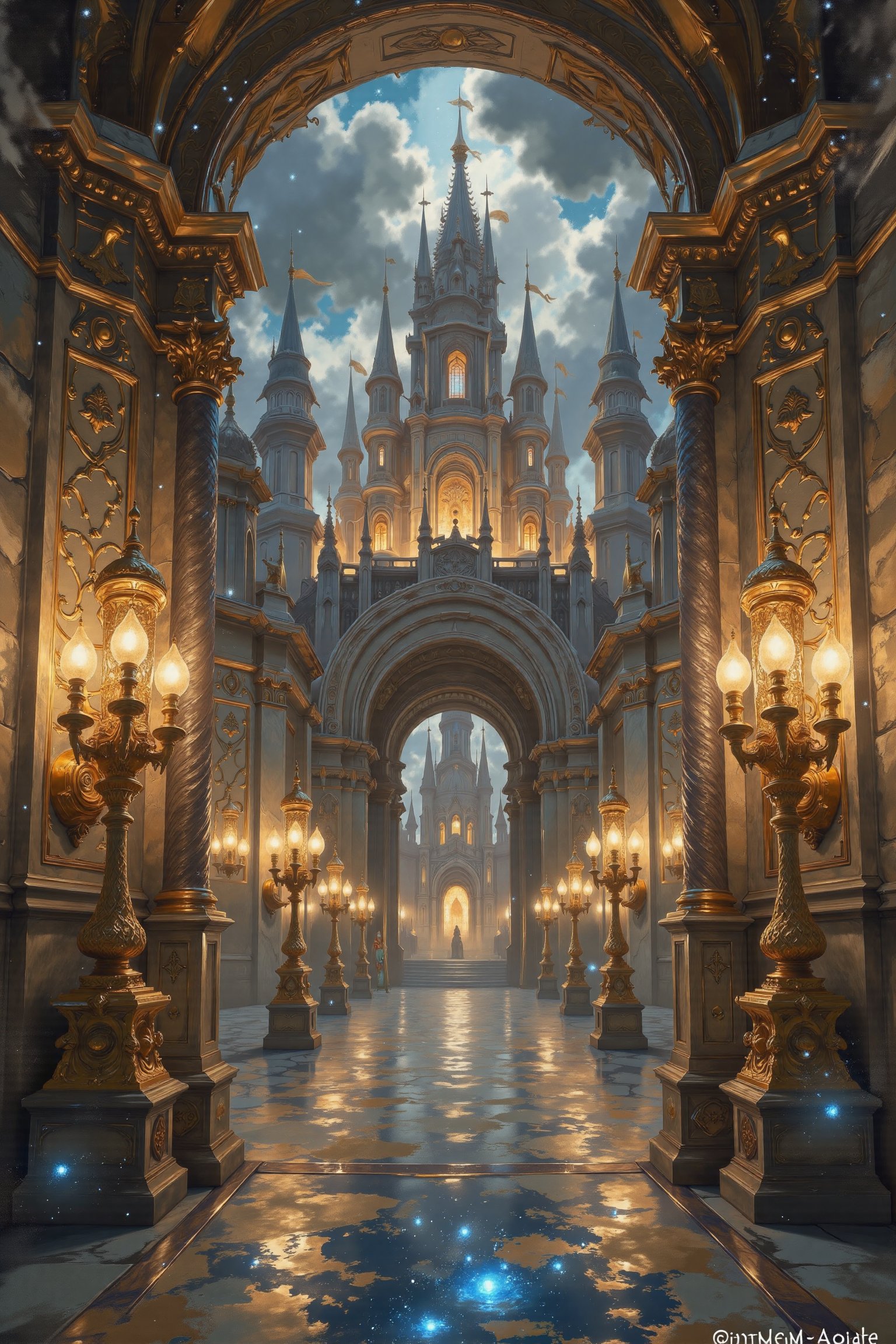 A grand castle interior in anime style,  with glowing magical artifacts and ethereal lighting. Cold,  sleek office buildin...