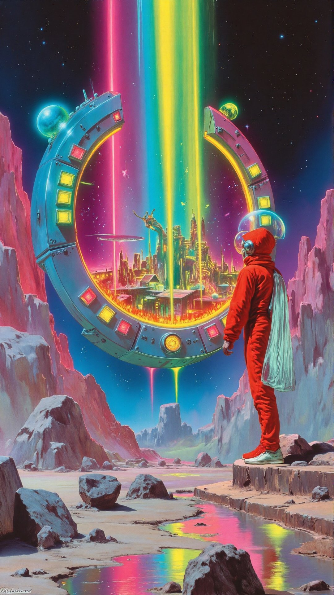 A grand and cinematic illustration of a lone space explorer in a retro-futuristic spacesuit,  gazing at a colossal neon po...
