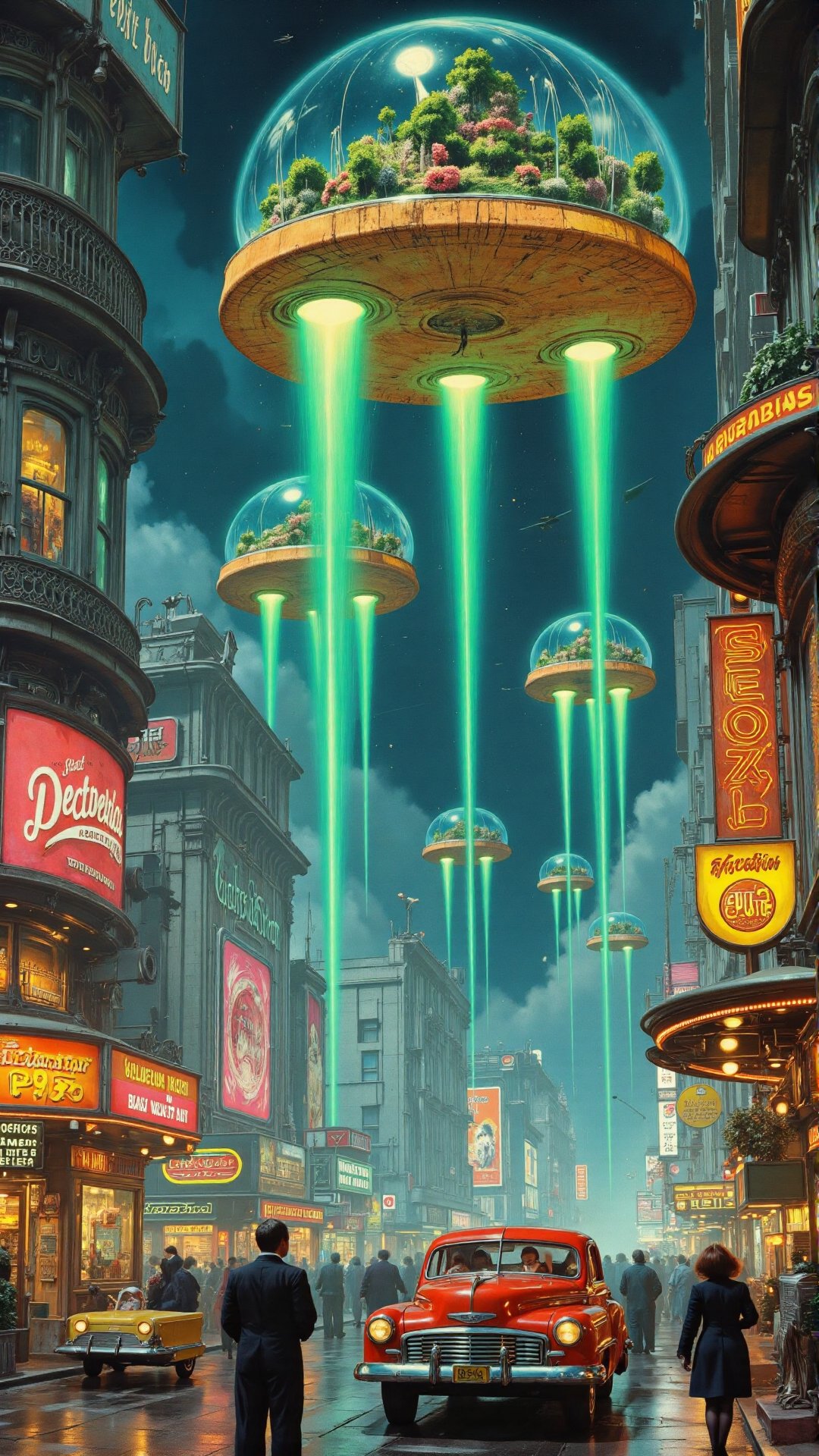 A stunning retro-futuristic city built around enormous,  floating jellyfish. The architecture is a mix of 1950s sci-fi aes...