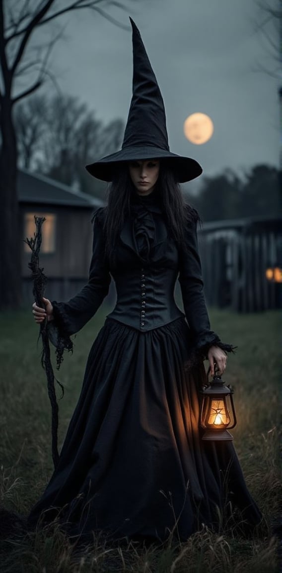 a full-angle shot of a woman dressed in a black corseted dress, adorned with a corset-style corset and a black felt witch hat. The woman's long dark hair cascades over her shoulders, adding a touch of mystery to the scene. She is holding a lantern in her right hand, while her left hand holds a stick in her left. The scene is set against a backdrop of a full moon, a tree, a building, and a few other objects. The lighting in the scene casts a soft glow on the woman's face, adding depth to the composition.