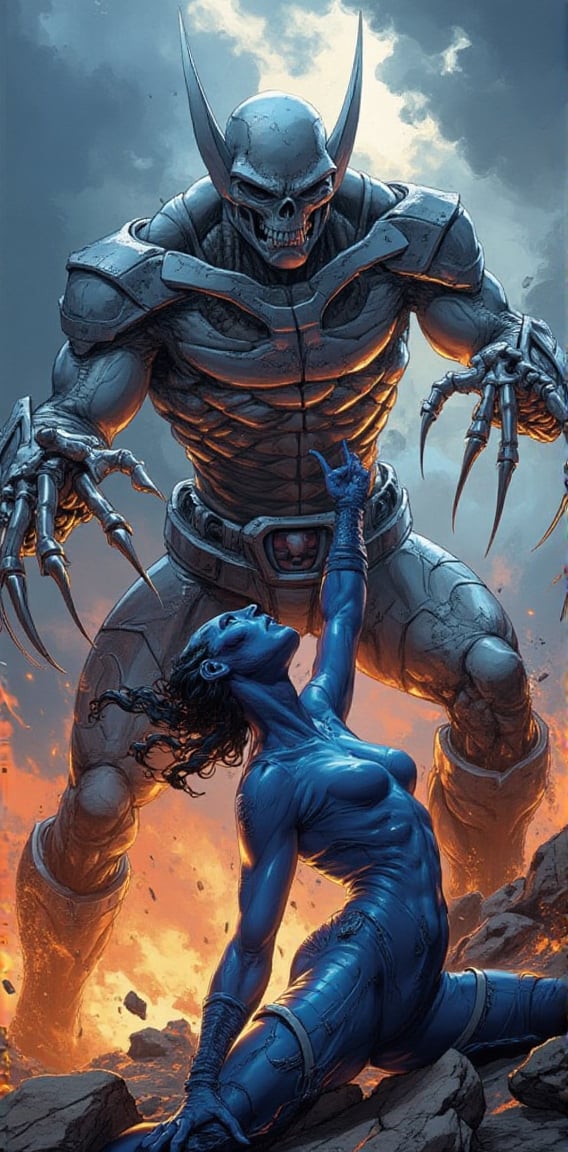 "Amidst a fiery battlefield, Mystique and a steel skeleton clash under a stormy sky. Her vibrant blue figure contrasts against the silver, armored skeleton, which raises its massive clawed hand for a strike, while Mystique prepares to counter with agility and skill."



( Marvel comic style, marvel superhero, marvel comic, comic detailer, american comic, dynamic poses, dynamic light and shadow )
.