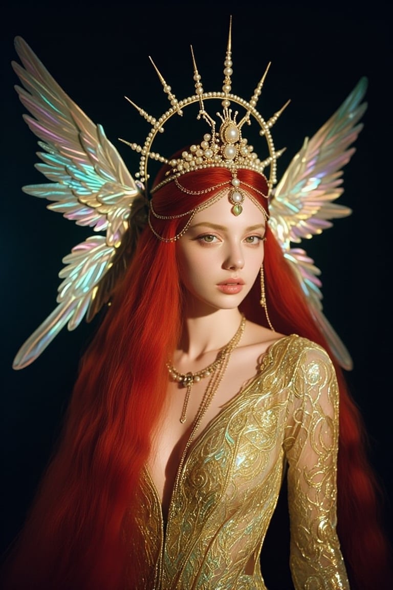 The image depicts a highly detailed and ethereal figure with striking visual elements. The subject is adorned in an elabor...