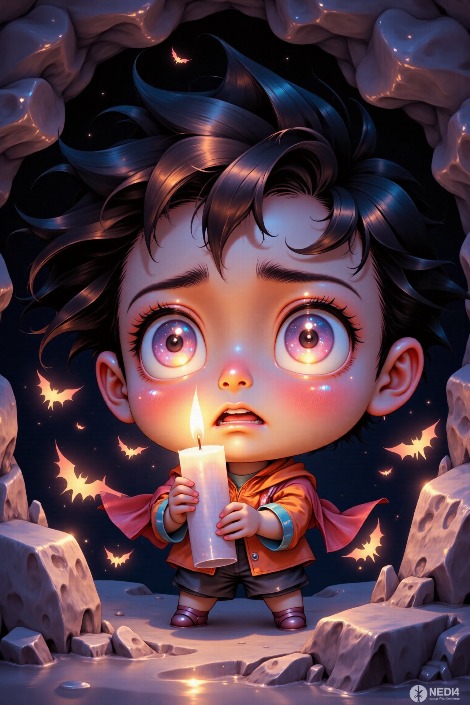 A cute chibi character holding a large candle,  exploring a dark and spooky cave. Their oversized eyes reflect the light,...