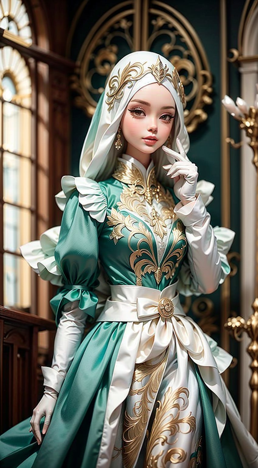 The task is to annotate the image by describing its content using natural language. The image contains a person dressed in a vintage-style green dress, which appears to be from an earlier era, possibly the mid-20th century, judging by the style of the dress and gloves. The individual's pose and the setting suggest a staged photograph rather than a candid moment. The background includes classical architectural elements, which may indicate that the photo was taken at a location with historical significance or designed to evoke a sense of the past. The person's red hair is styled in a manner that complements the vintage aesthetic of the attire. The overall impression is one of a carefully composed image that captures a moment of vintage elegance.,Fantasy detailers,Dynamic poses,Movement poses,Barbie doll,Hijab Style