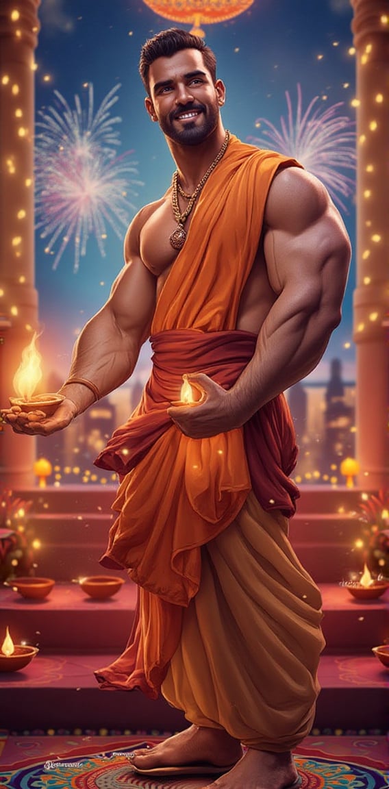 A handsome,  muscular man dressed in traditional Indian attire,  standing in front of a brightly decorated Diwali altar by...