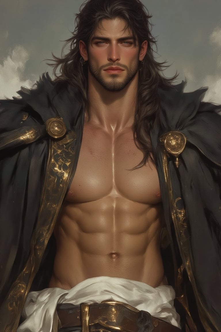 A highly detailed digital painting of a regal,  muscular man with a heroic presence,  standing confidently with a serious...