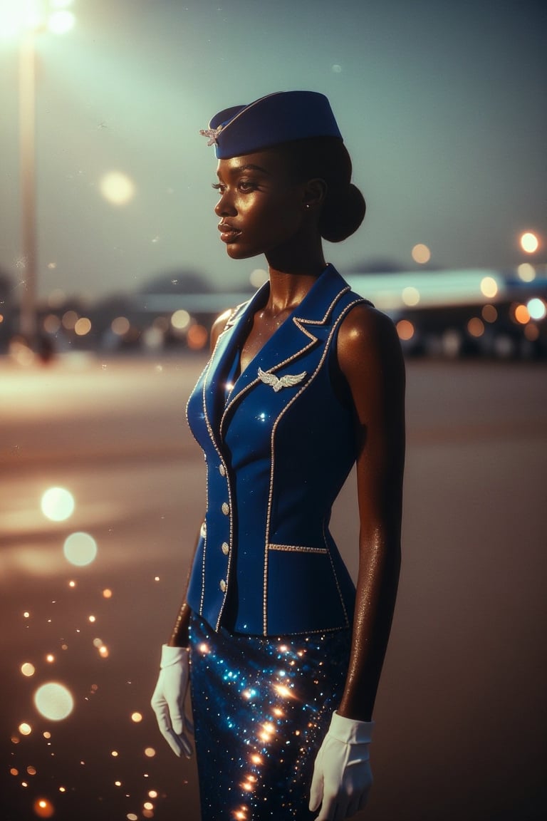 [Subject] A glamorous woman with deep ebony skin standing on a runway in a sparkling airline stewardess uniform. She has s...