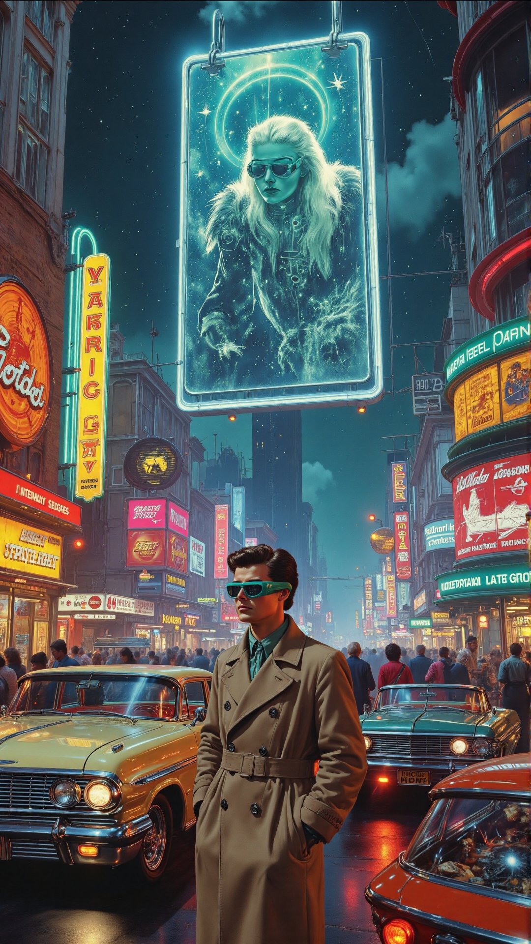 A cyberpunk-inspired retro-futuristic cityscape,  where neon signs glow with an unnatural,  spectral hue. The streets are...