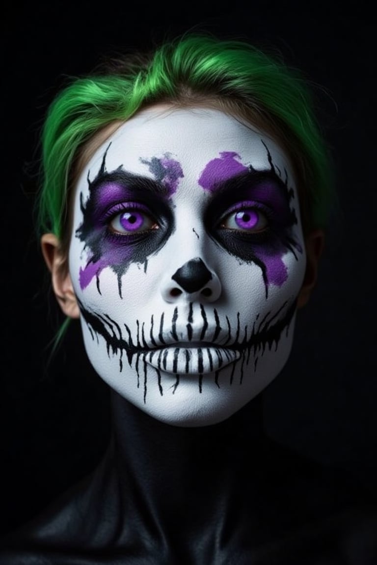 a close-up shot of a woman's face, adorned with a white face adorned with black and purple paint. Her eyes are adorned with purple paint, adding a pop of color to her face. Her hair is a vibrant shade of green, while her face is adorned with white and black stripes. The background is a solid black, creating a stark contrast to the white face.