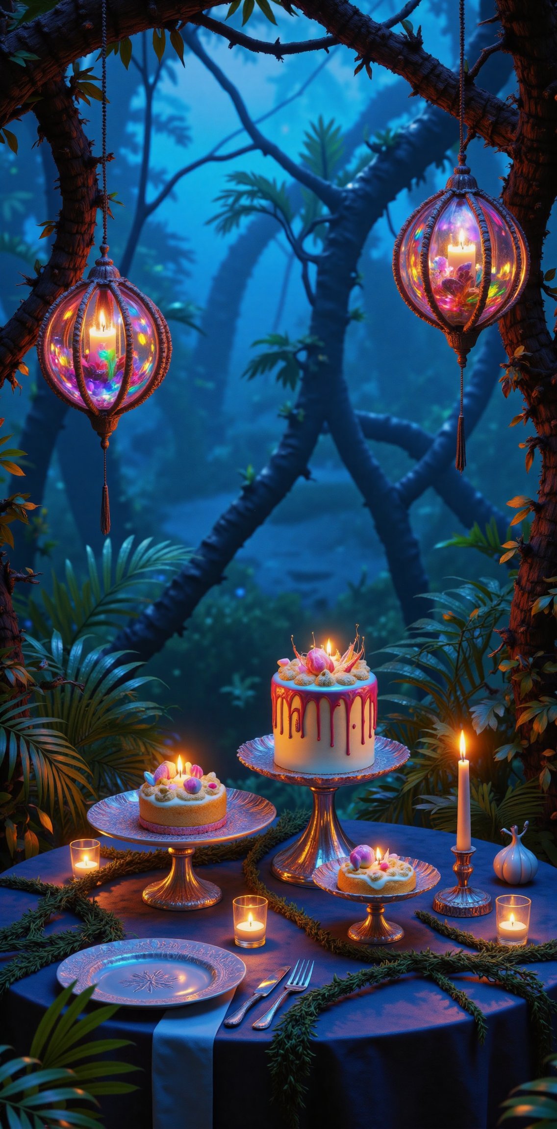 A glowing Na’vi-inspired festive dessert table set in the bioluminescent world of Pandora. The desserts shimmer with iride...