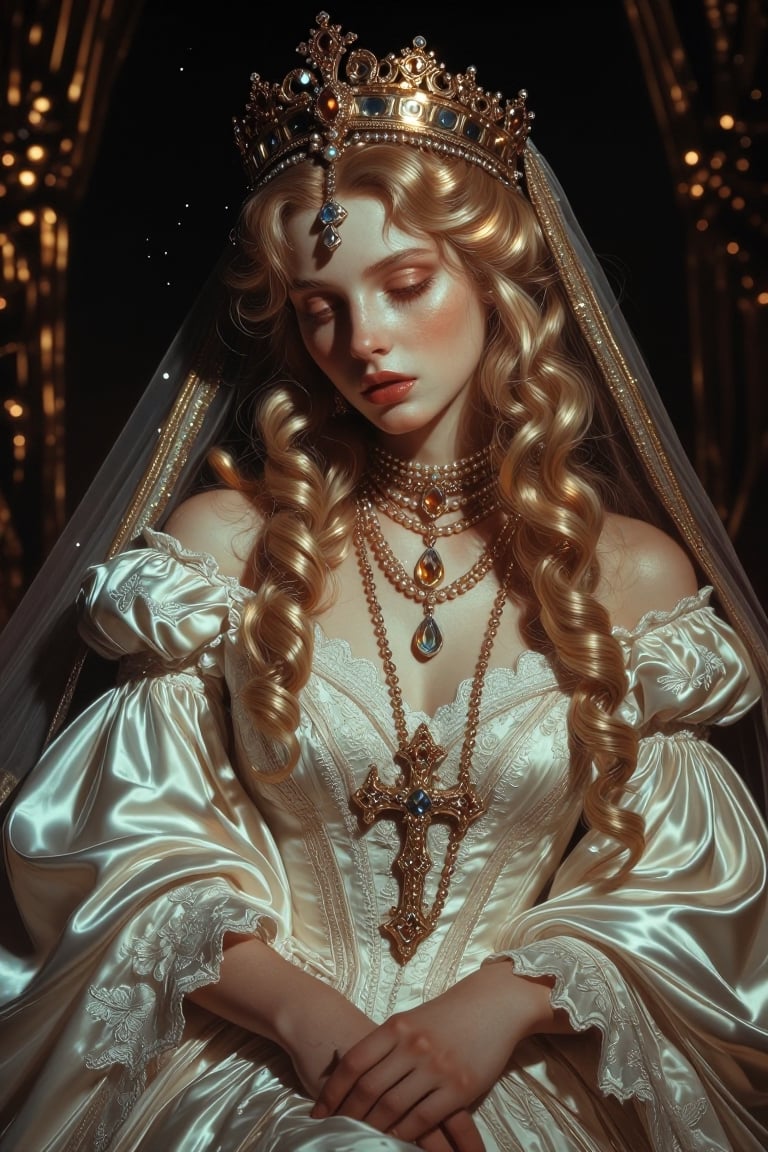 A young woman with pale,  luminous skin and delicate,  ethereal features gazes downward with a serene yet melancholic expr...