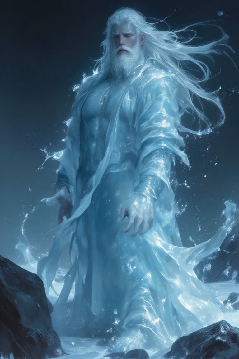 This is a digital CGI artwork depicting a majestic,  ethereal figure resembling a wizard or sorcerer. He stands with a ste...