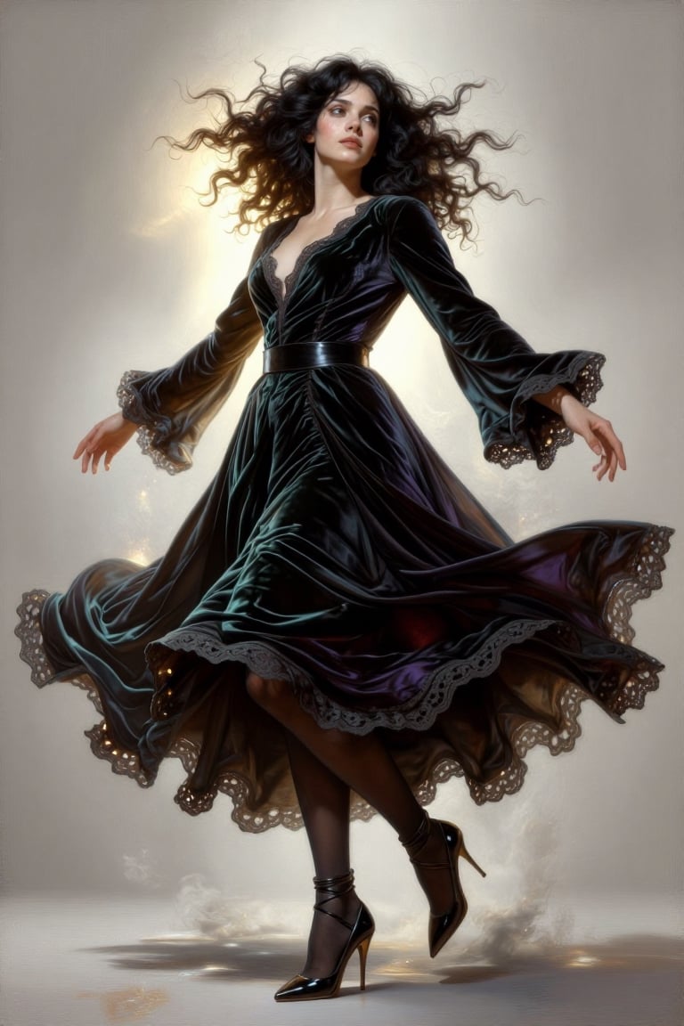 A woman with voluminous,  dark curly hair caught mid-motion as if suspended in air,  her head tilted slightly upward and t...