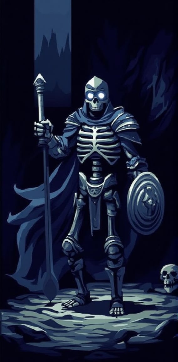 "A pixel art skeleton warrior standing confidently, holding a large sword in one hand and a round shield in the other, with hollow eyes glowing faintly. Background is a dark cave with subtle light beams casting eerie shadows."


( big pixel, pixel, retro pixel game, pixel style, pixel game, ((pixel art style)), pixel detail, pixilated, more pixel detailer,  )