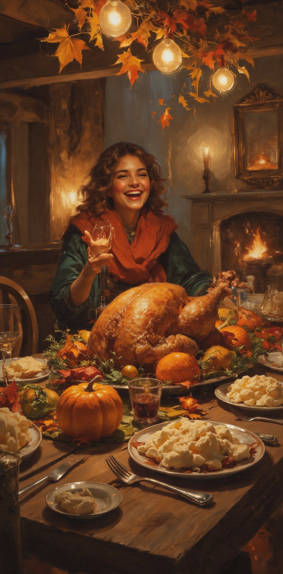 "A joyful person celebrating Thanksgiving,  surrounded by a beautifully set dinner table with a large roasted turkey at th...