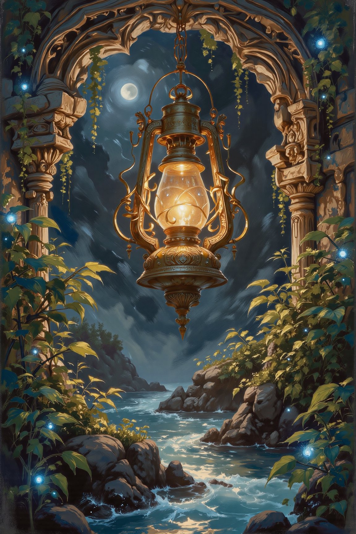 Illustrate a glowing,  magical lantern floating in a mystical cave,  surrounded by intricate carvings by Official SketchZa...