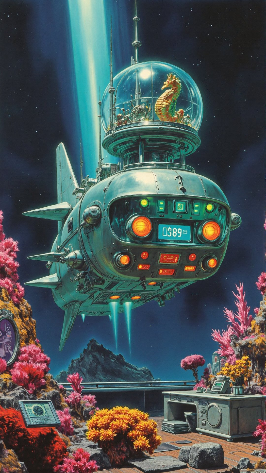 A dazzling retro-futuristic illustration of a sleek,  metallic submarine designed in the elegant shape of a seahorse,  exp...