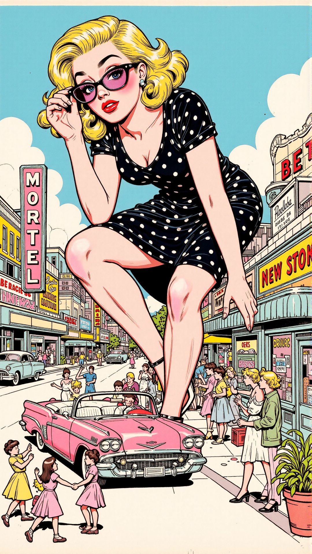 A highly detailed American vintage-style illustration of a bustling miniature 1950s town,  overflowing with nostalgic char...