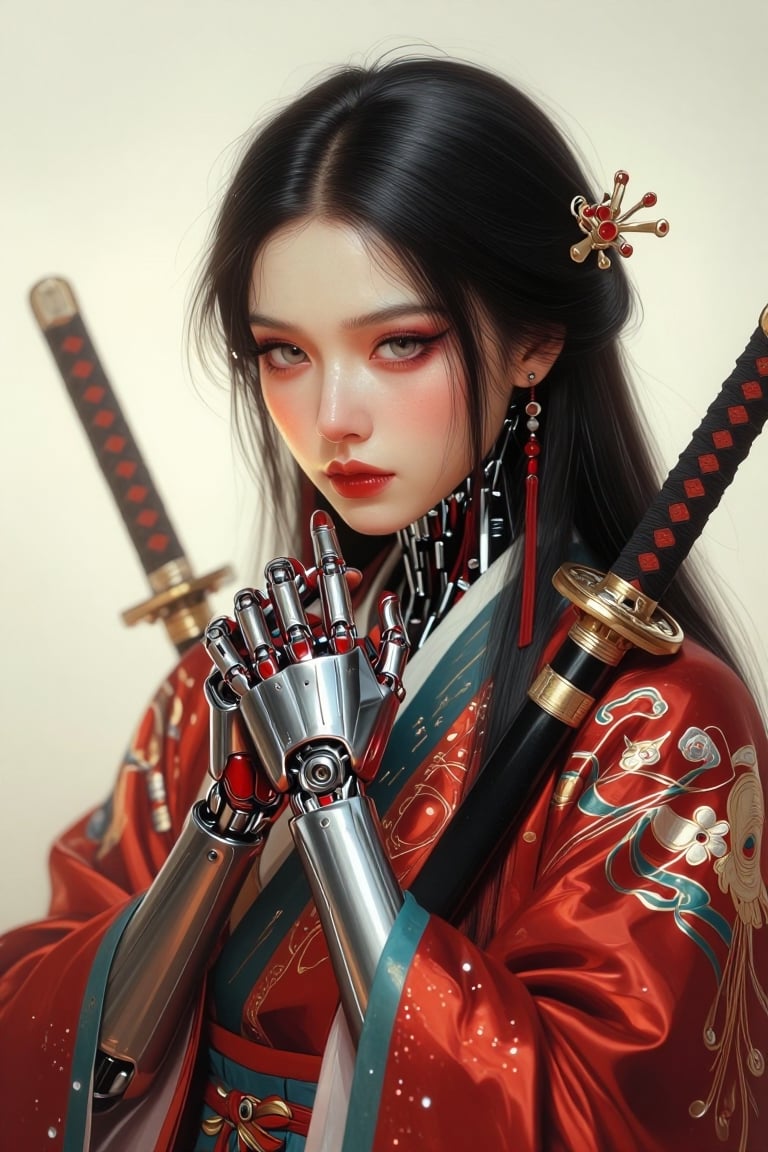 A young East Asian woman with long,  straight black hair parted in the center and styled with delicate gold-and-red floral...