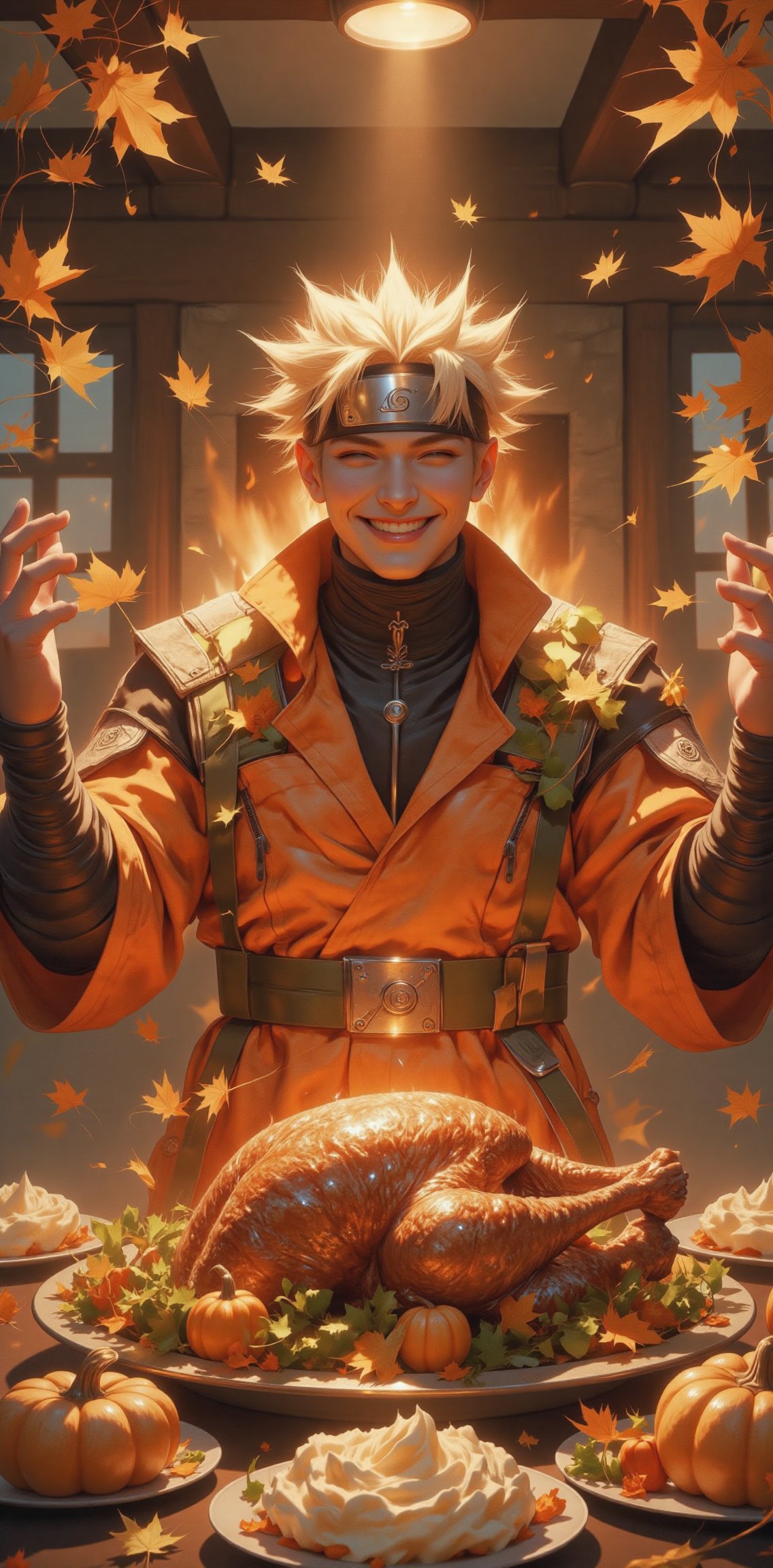 "A joyful person celebrating Thanksgiving,  surrounded by a beautifully set dinner table with a large roasted turkey at th...