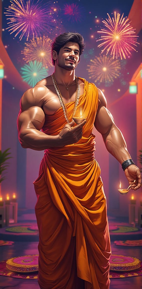 A handsome,  muscular man dressed in traditional Indian attire,  standing in front of a brightly decorated Diwali altar by...