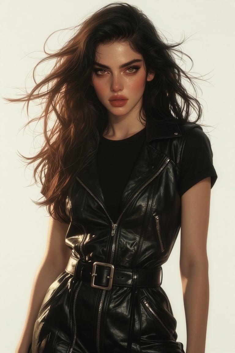 A striking young woman with voluminous,  wind-swept dark brown hair that cascades dynamically around her shoulders and fra...