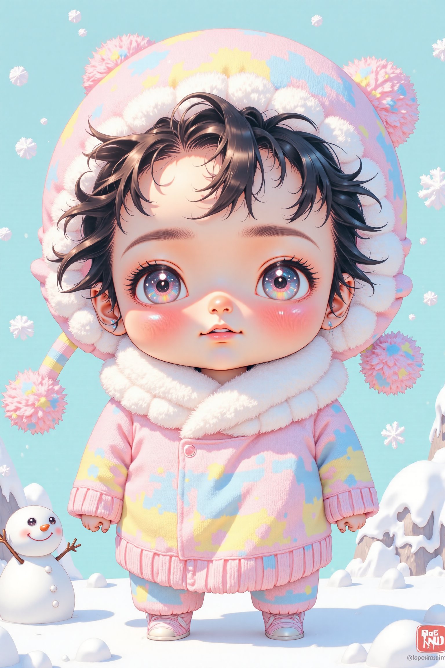 Illustrate a chibi character bundled up in an adorably oversized sweater with pom-poms. Add a snowy backdrop with a tiny,...