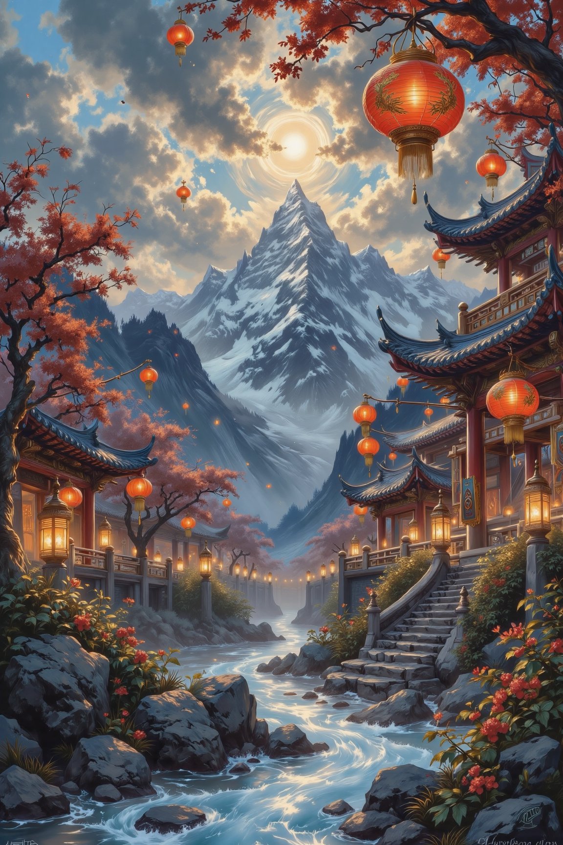 A mystical Lunar New Year scene with magical creatures and glowing lanterns,  set against ancient temples. Traditional Chi...
