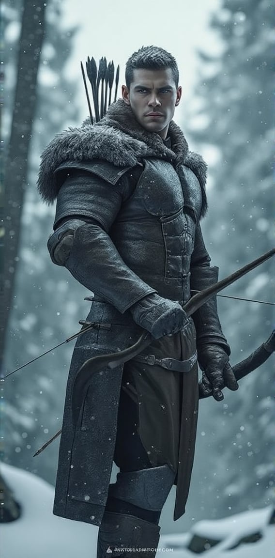 "Amidst a gentle snowfall, a handsome archer with a strong jawline and determined expression stands, bow in hand, scanning his surroundings. He is dressed in dark leather armor, fur-lined to protect against the cold, and his quiver is full of arrows, ready for a silent hunt in the frozen woods."





( silverjow style, muscular male characters, Bara art style, Masculine character design, Detailed muscle anatomy, Bara manga, bara comics, hyper detail, more detail xl, dynamic poses, dynamic light and shadow, )
.