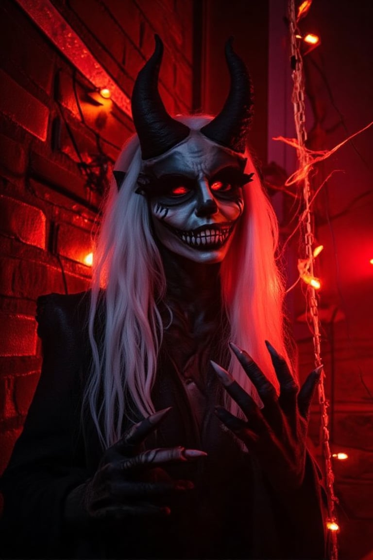 Captured from a low-angle perspective on a vibrant day, a demon-like figure stands against a backdrop of red and orange lights. The figure's face is adorned with a black and white wig, adorned with red eyes, a black horned headdress, and long white hair cascading down to her head. Her eyes are glowing red, adding a pop of color to the scene. Her mouth is open, revealing sharp teeth and sharp teeth. Her hands are adorned with painted nails, adding texture to the composition. The background is a dark brick wall, adding to the overall composition of the image.