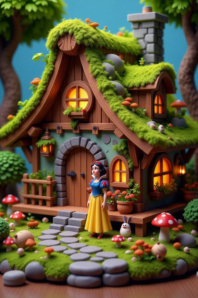 A meticulously crafted isometric digital illustration of a charming wooden cottage nestled in a vibrant,  lush forest. The...