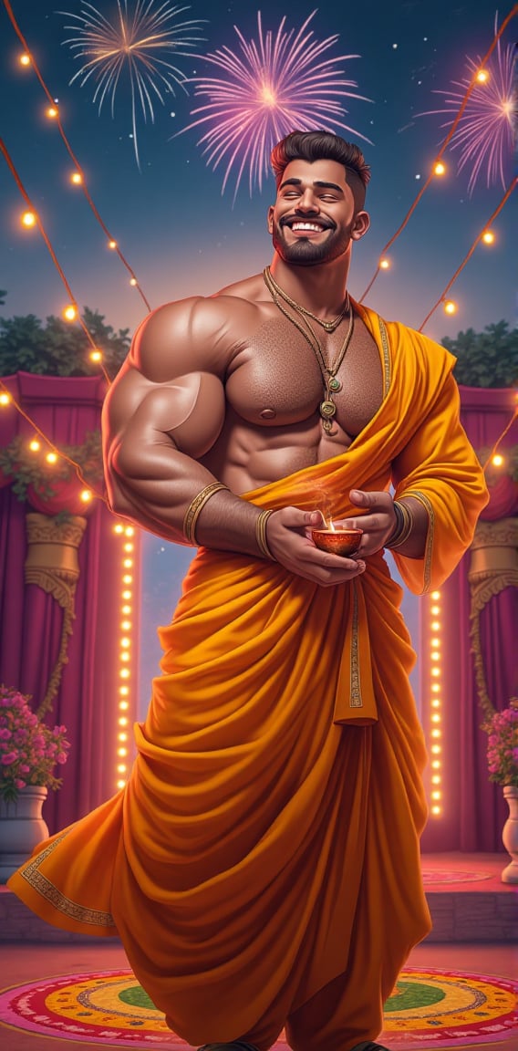 A handsome,  muscular man dressed in traditional Indian attire,  standing in front of a brightly decorated Diwali altar by...