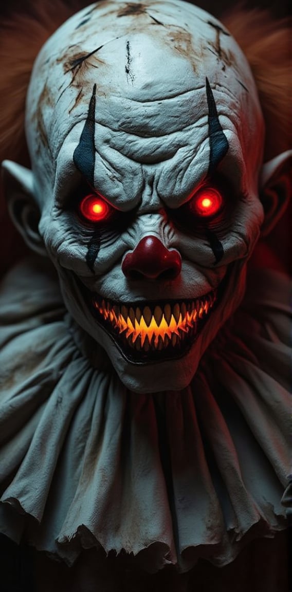 A close-up of a creepy clown with exaggerated features, smeared makeup, and glowing red eyes. The smile is wide and sinister, with sharp teeth visible.