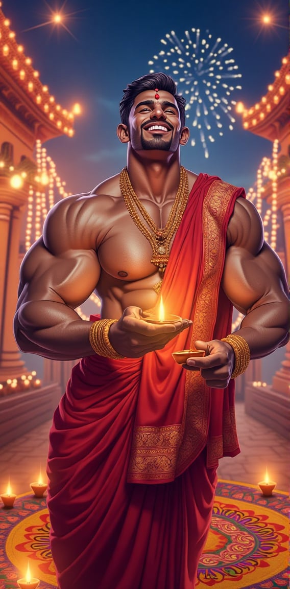 A handsome,  muscular man dressed in traditional Indian attire,  standing in front of a brightly decorated Diwali altar by...