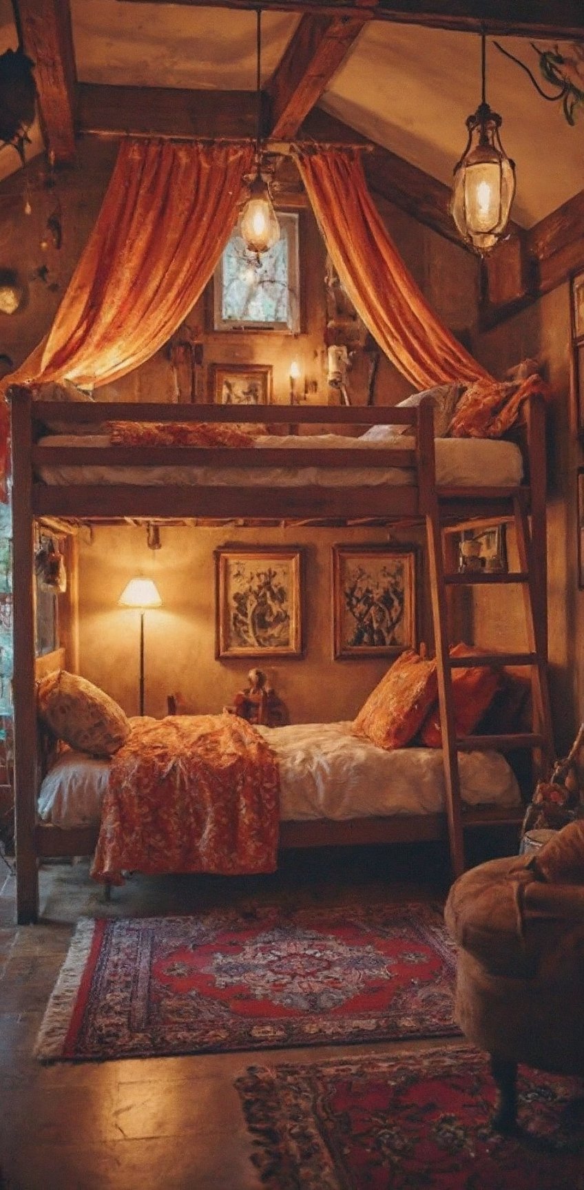 bunk bed in a cozy steampunk room,  vibrant colors,  Studio Ghibli by Victoria Gwerta on Tensor.Art
