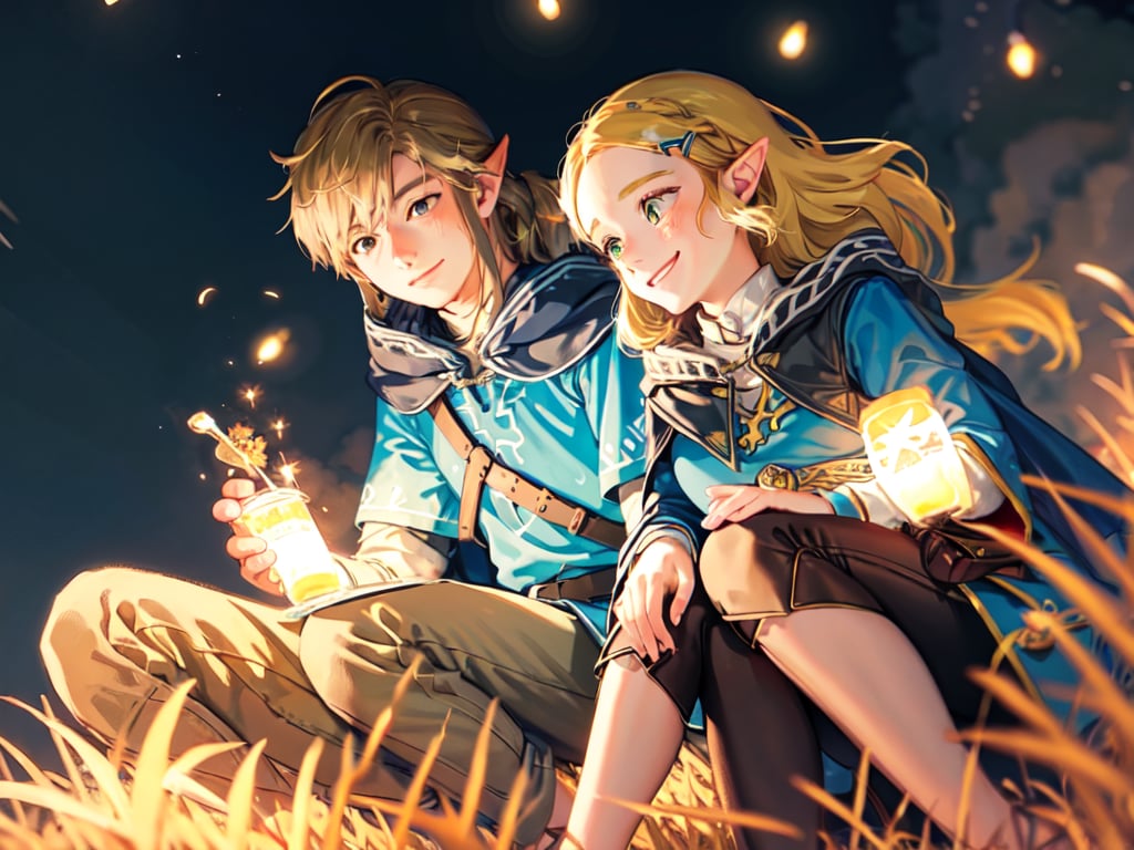 masterpiece, best quality,1boy and 1girl, smile,(black background:1), blue cape, grassland background, sitting, ,ZeldaTOTK, summer, night, stary sky, dim lighting, happy mood, firefly, wide shot