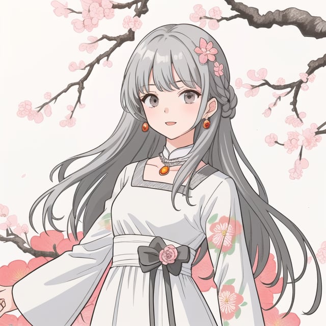 grey hair long solo girl red  floral print white dress  jewelary blossom tree 